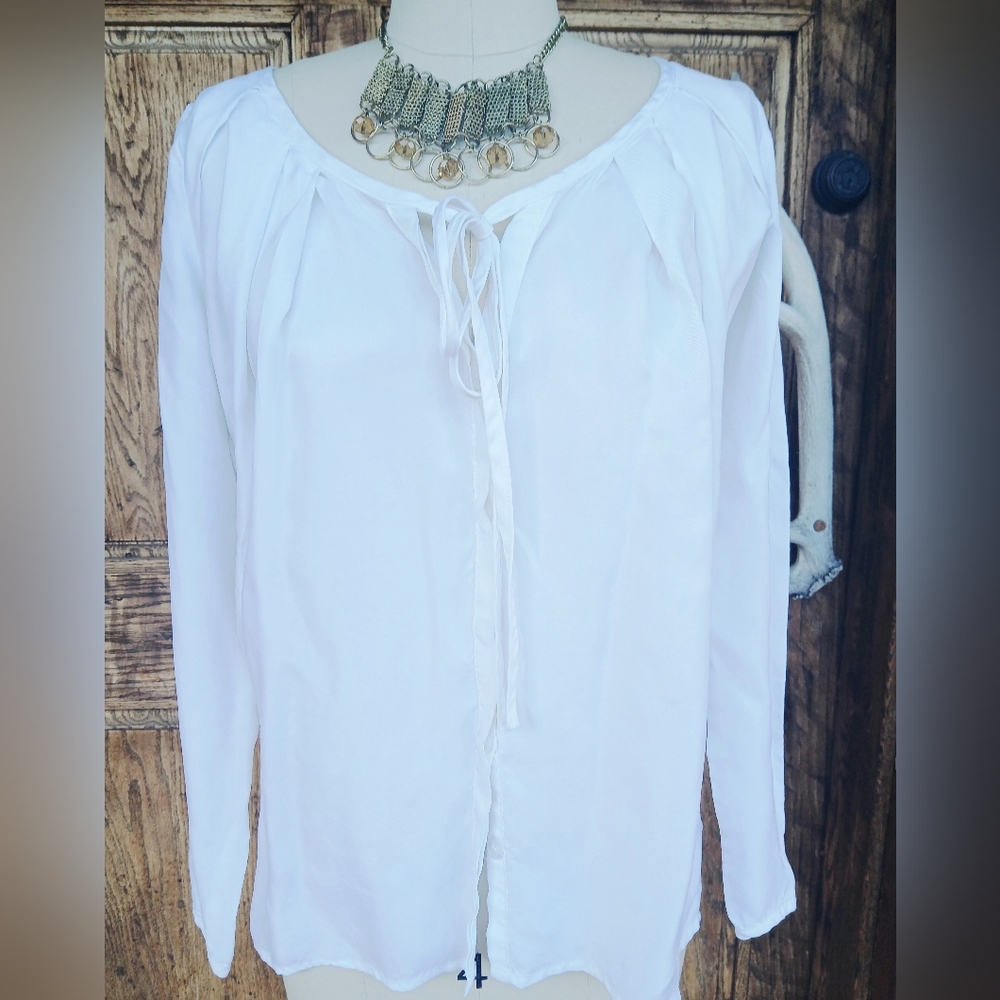 Tri & Ailor White Tie-Front Peasant Blouse XS Boho Cottagecore Minimalist